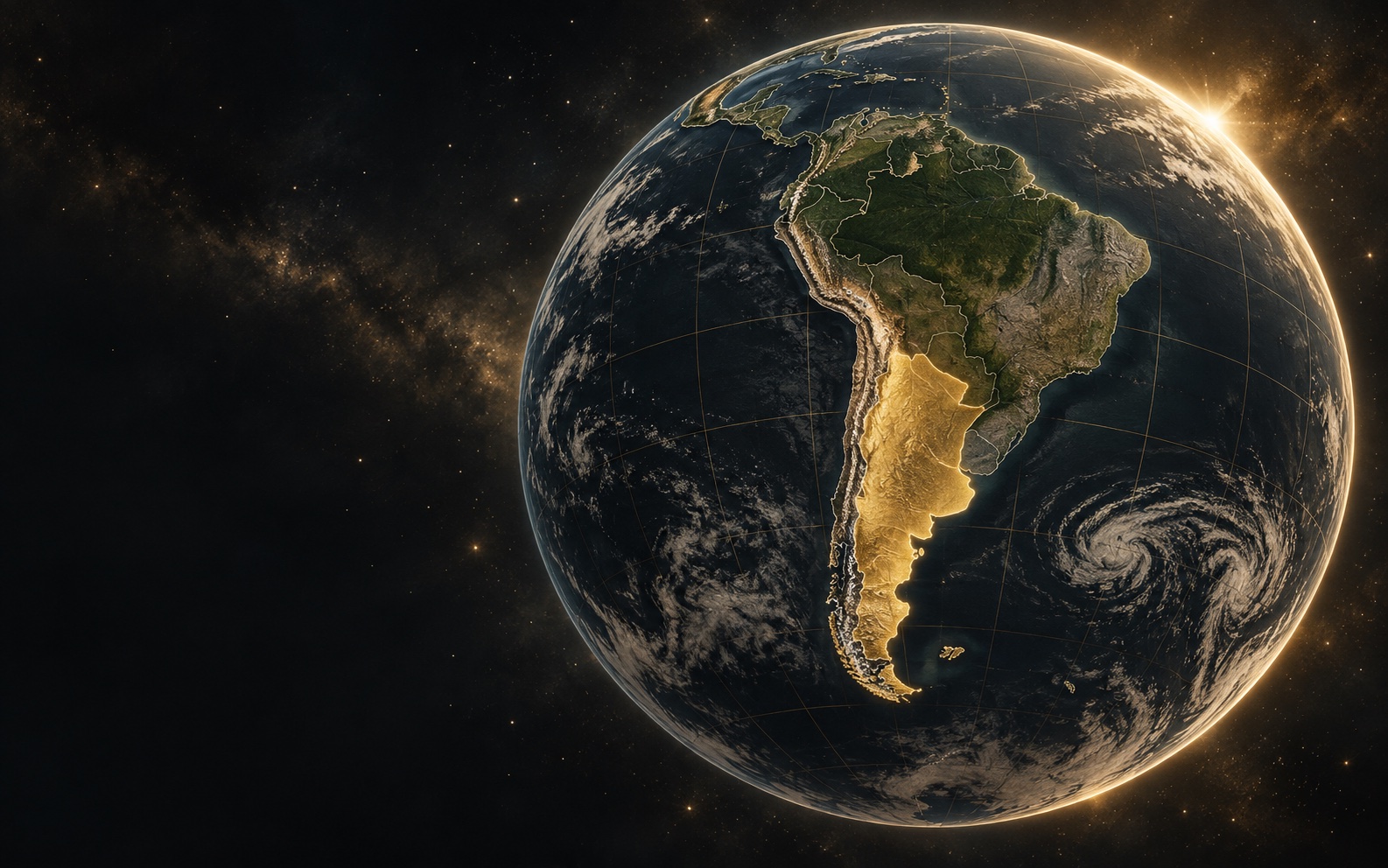Earth seen from space with Argentina illuminated in gold