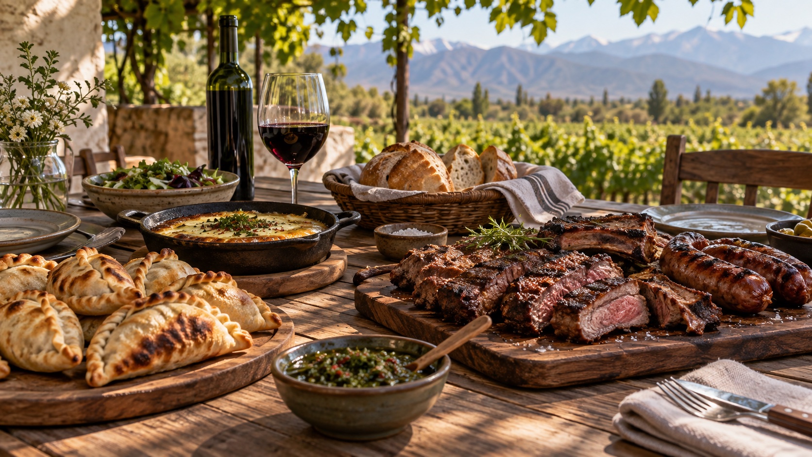 An Argentine table with empanadas, asado, provoleta, chimichurri and Malbec